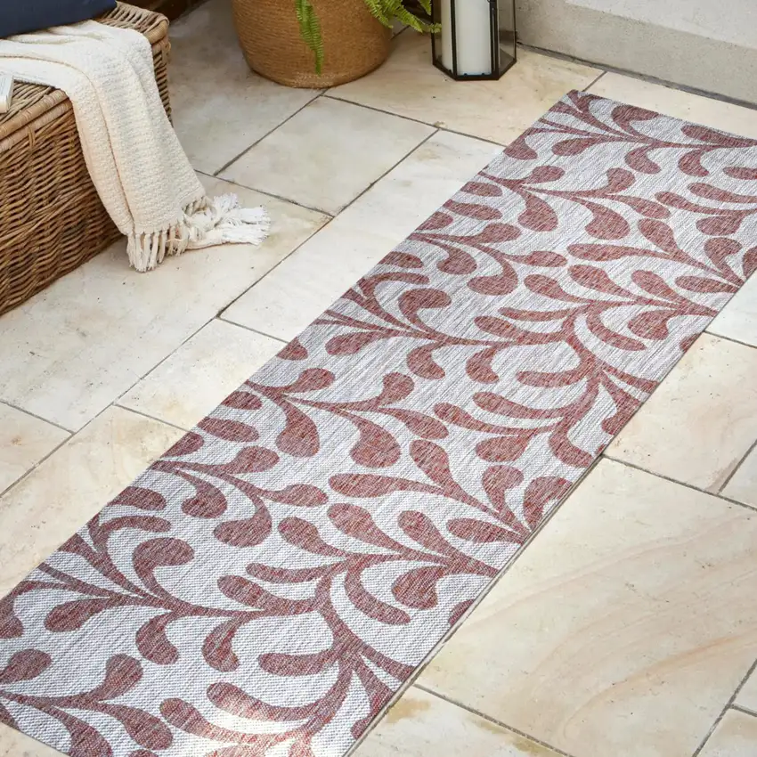 8' Red And Beige Floral Indoor Outdoor Runner Rug Photo 2