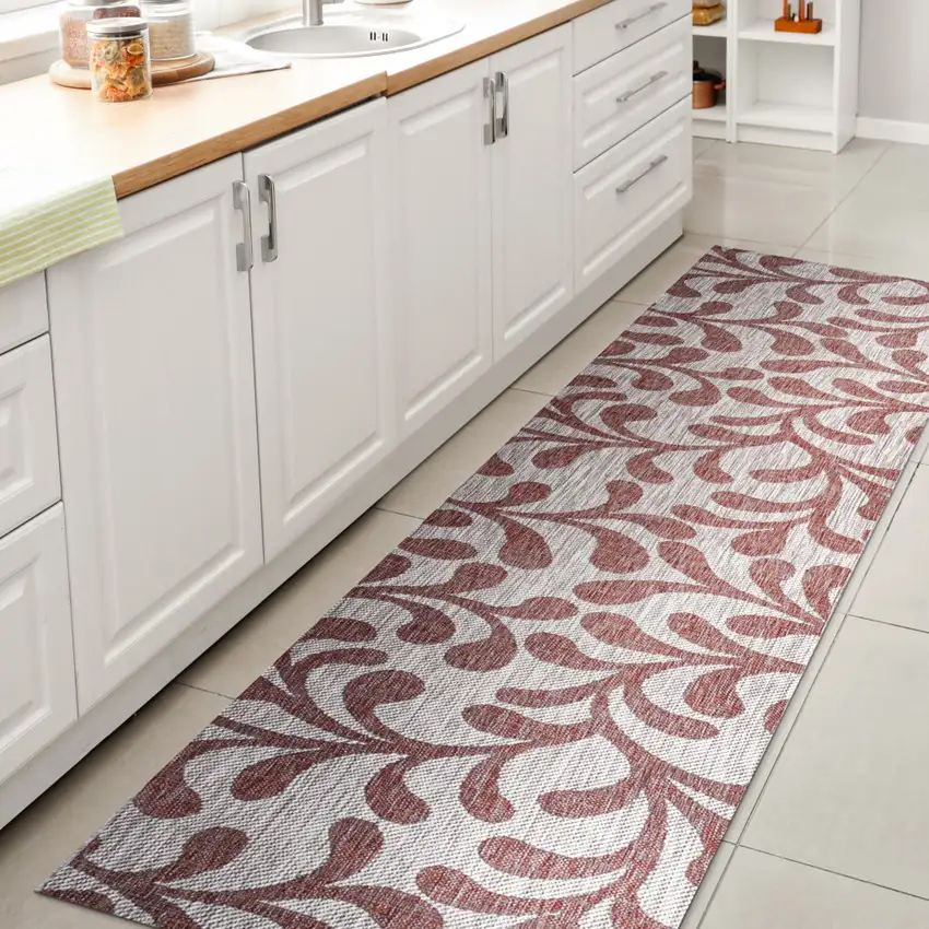 8' Red And Beige Floral Indoor Outdoor Runner Rug Photo 3