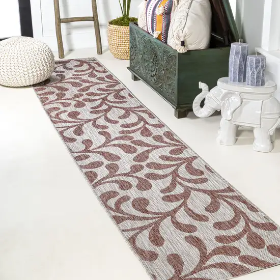 8' Red And Beige Floral Indoor Outdoor Runner Rug Photo 1