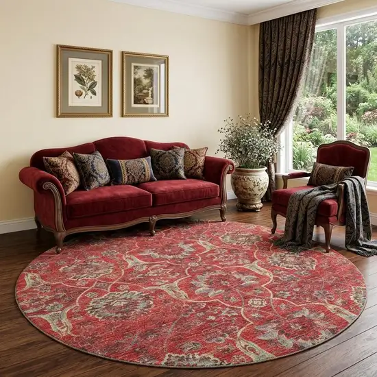 8' Red And Beige Floral Medallion Distressed Washable Round Rug With UV Protection Photo 1