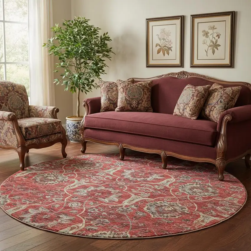 8' Red And Beige Floral Medallion Washable Round Rug With UV Protection Photo 1