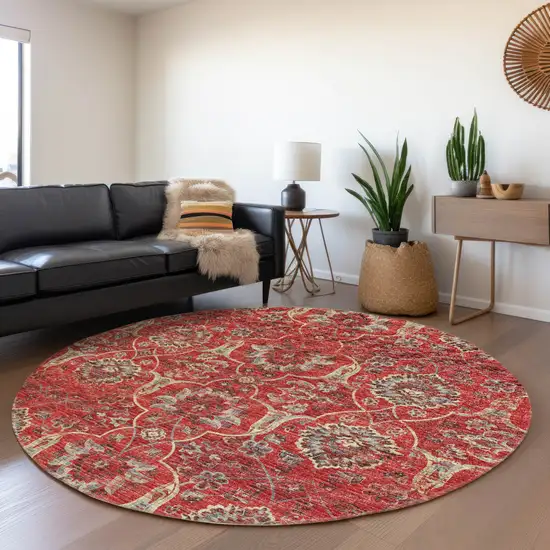 8' Red And Beige Floral Medallion Washable Round Rug With UV Protection Photo 4