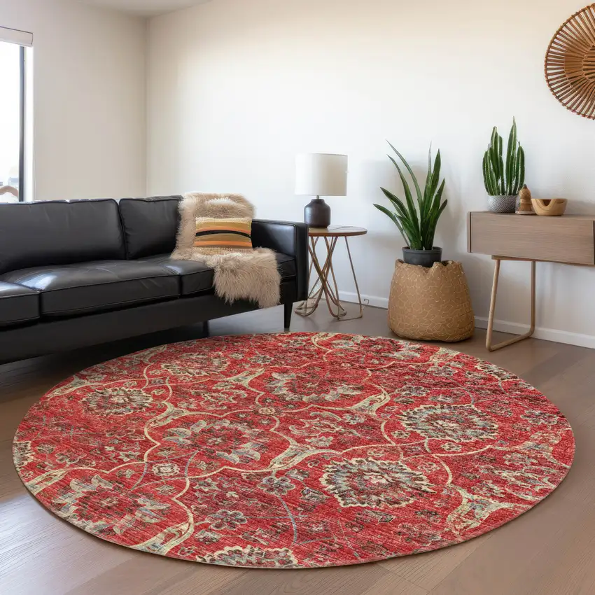 8' Red And Beige Floral Medallion Washable Round Rug With UV Protection Photo 4
