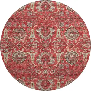 Photo of 8' Red And Beige Floral Medallion Washable Round Rug With UV Protection