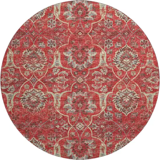 8' Red And Beige Floral Medallion Washable Round Rug With UV Protection Photo 2