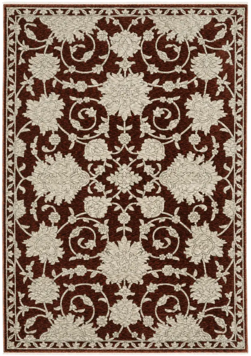 8' Red And Beige Floral Runner Rug With Fringe Photo 2