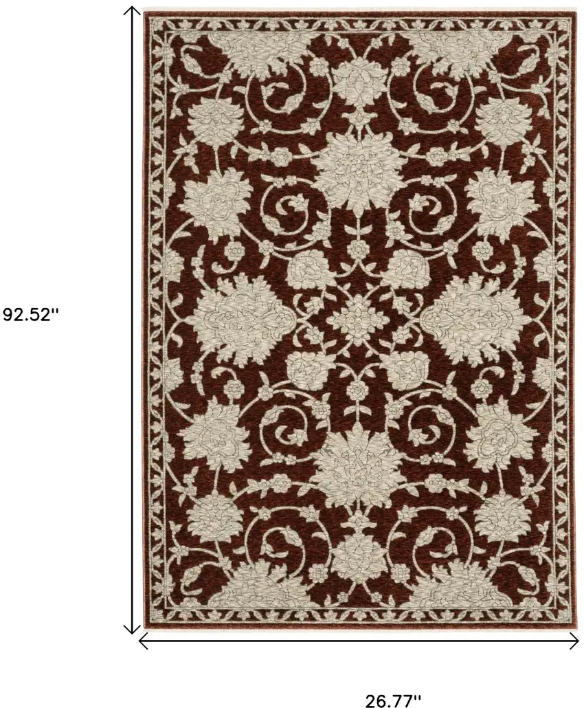 8' Red And Beige Floral Runner Rug With Fringe Photo 3