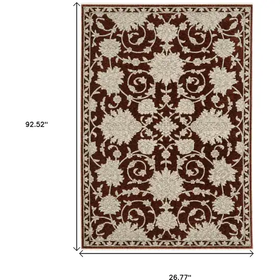 8' Red And Beige Floral Runner Rug With Fringe Photo 3