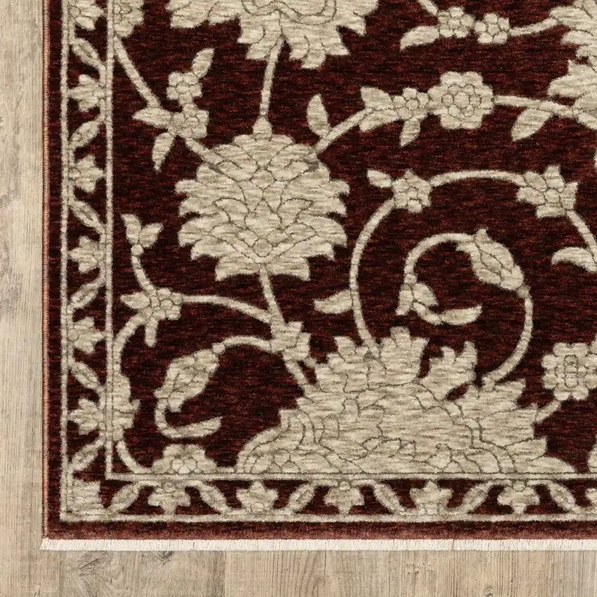 8' Red And Beige Floral Runner Rug With Fringe Photo 5