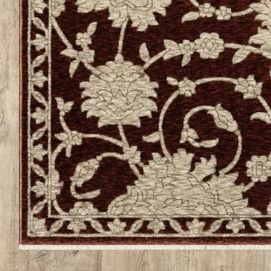 8' Red And Beige Floral Runner Rug With Fringe Photo 5