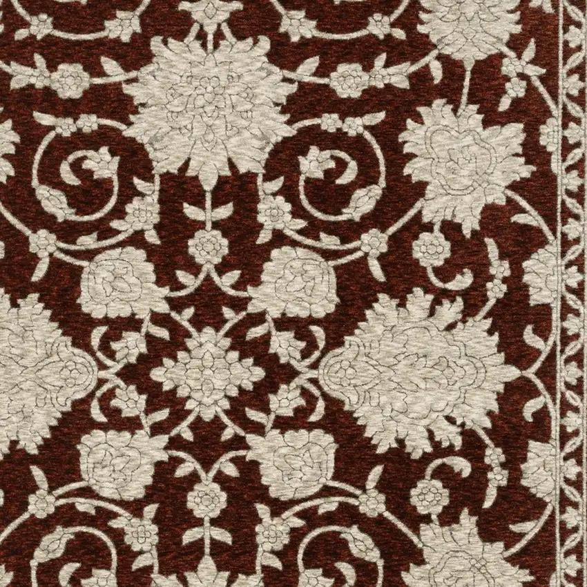 8' Red And Beige Floral Runner Rug With Fringe Photo 8