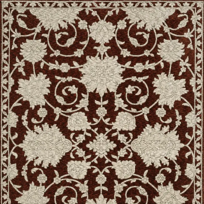 8' Red And Beige Floral Runner Rug With Fringe Photo 7