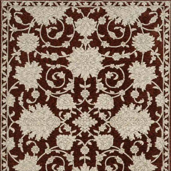 8' Red And Beige Floral Runner Rug With Fringe Photo 7