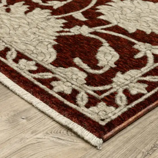 8' Red And Beige Floral Runner Rug With Fringe Photo 9