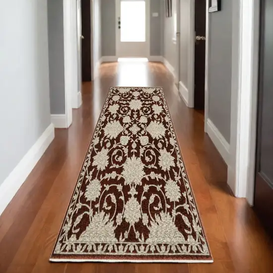 8' Red And Beige Floral Runner Rug With Fringe Photo 1