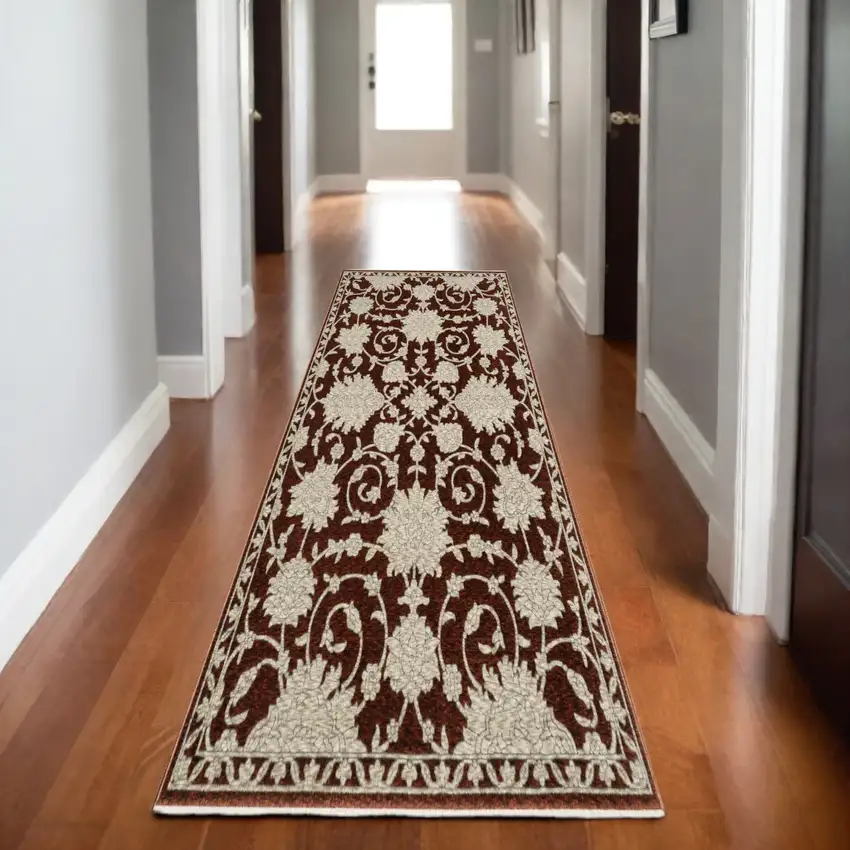 8' Red And Beige Floral Runner Rug With Fringe Photo 1