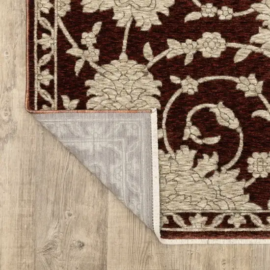 8' Red And Beige Floral Runner Rug With Fringe Photo 4