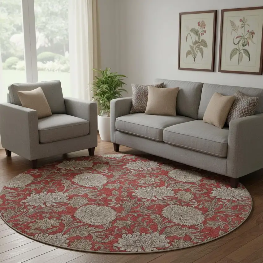 8' Red And Beige Floral Washable Round Rug With UV Protection Photo 1