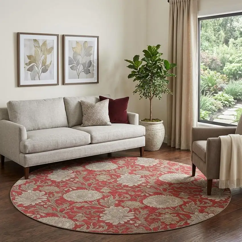 8' Red And Beige Floral Washable Round Rug With UV Protection Photo 1
