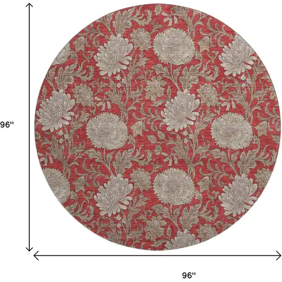 8' Red And Beige Floral Washable Round Rug With UV Protection Photo 6