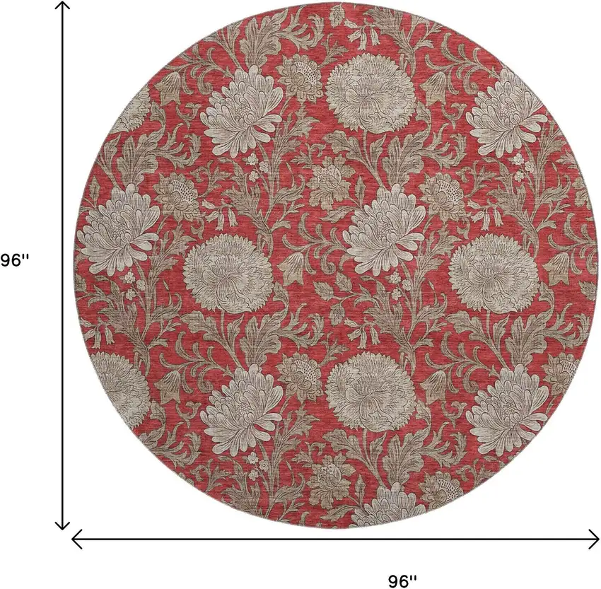 8' Red And Beige Floral Washable Round Rug With UV Protection Photo 6