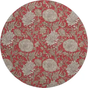 Photo of 8' Red And Beige Floral Washable Round Rug With UV Protection