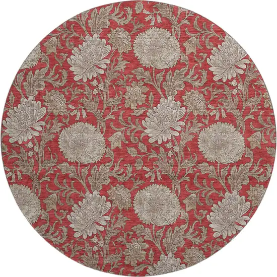 8' Red And Beige Floral Washable Round Rug With UV Protection Photo 1