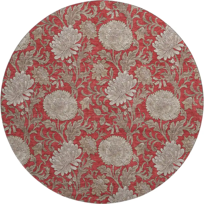 8' Red And Beige Floral Washable Round Rug With UV Protection Photo 1