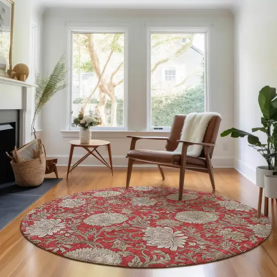 8' Red And Beige Floral Washable Round Rug With UV Protection Photo 5