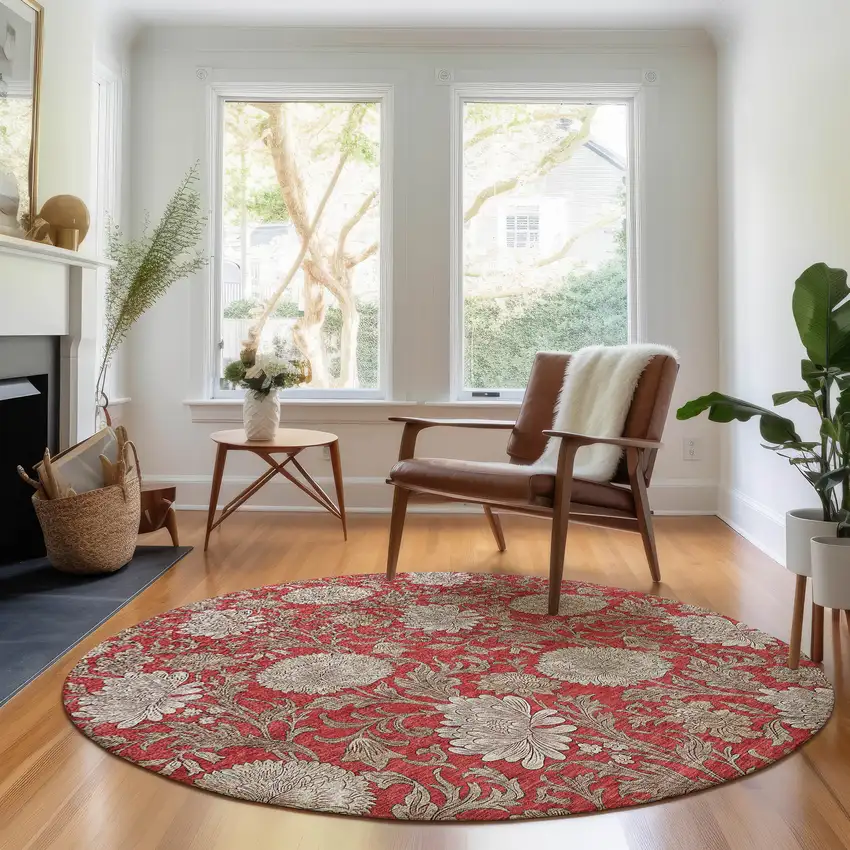 8' Red And Beige Floral Washable Round Rug With UV Protection Photo 5