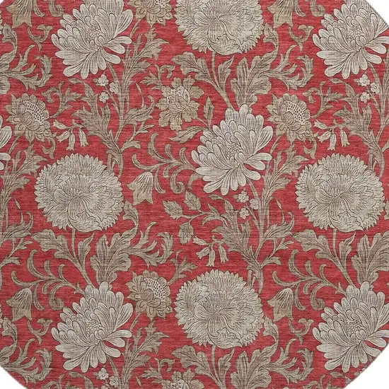 8' Red And Beige Floral Washable Round Rug With UV Protection Photo 4