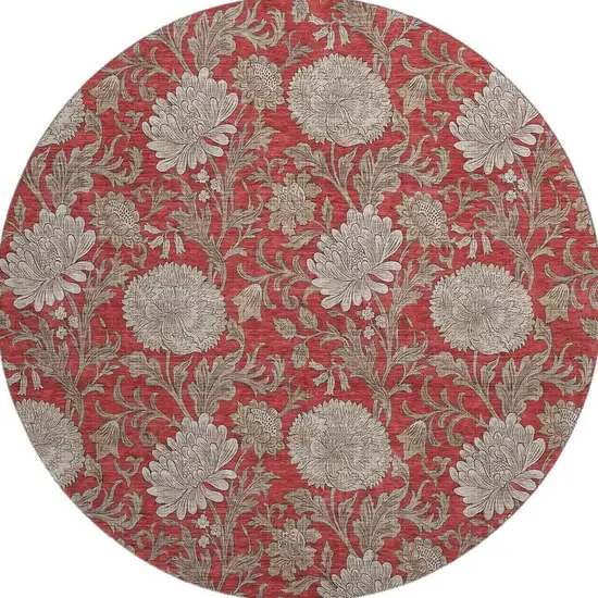 8' Red And Beige Floral Washable Round Rug With UV Protection Photo 3