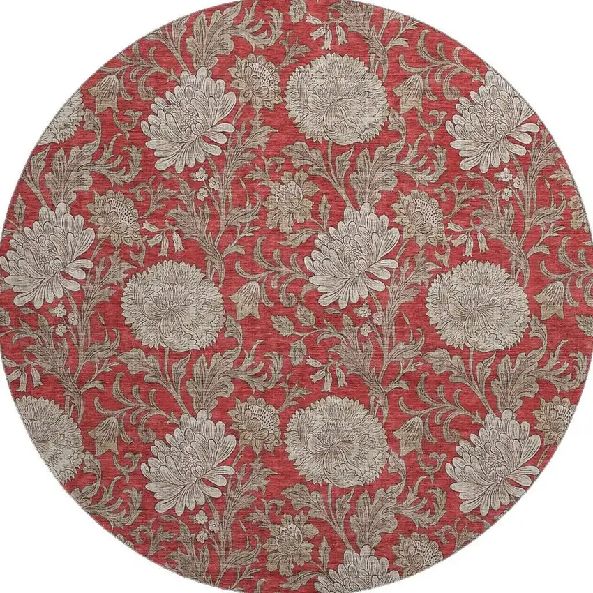 8' Red And Beige Floral Washable Round Rug With UV Protection Photo 3