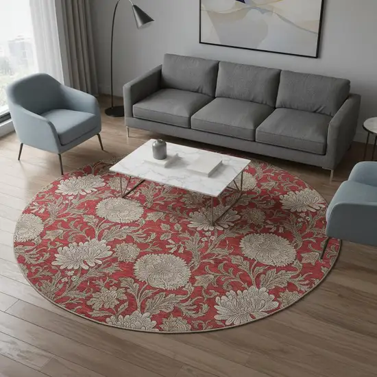 8' Red And Beige Floral Washable Round Rug With UV Protection Photo 2