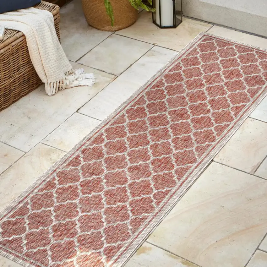 20' Red And Beige Geometric Indoor Outdoor Runner Rug Photo 5