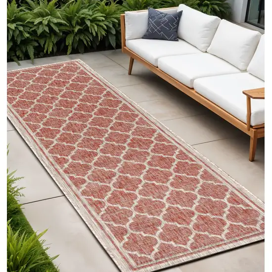 20' Red And Beige Geometric Indoor Outdoor Runner Rug Photo 1