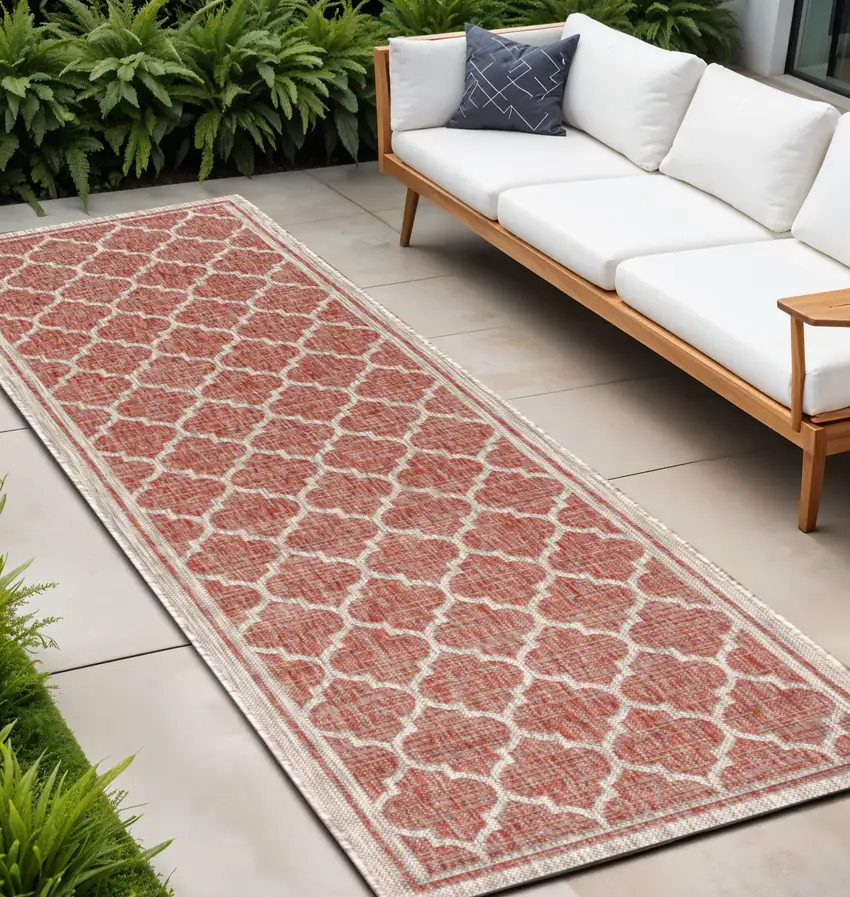 20' Red And Beige Geometric Indoor Outdoor Runner Rug Photo 1