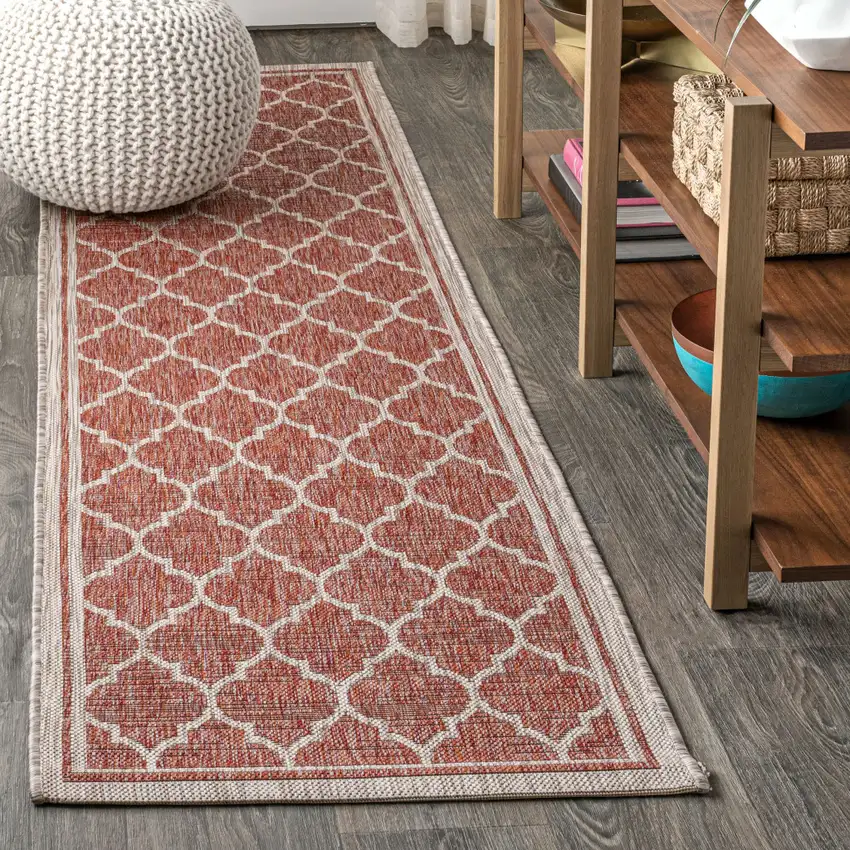 20' Red And Beige Geometric Indoor Outdoor Runner Rug Photo 4