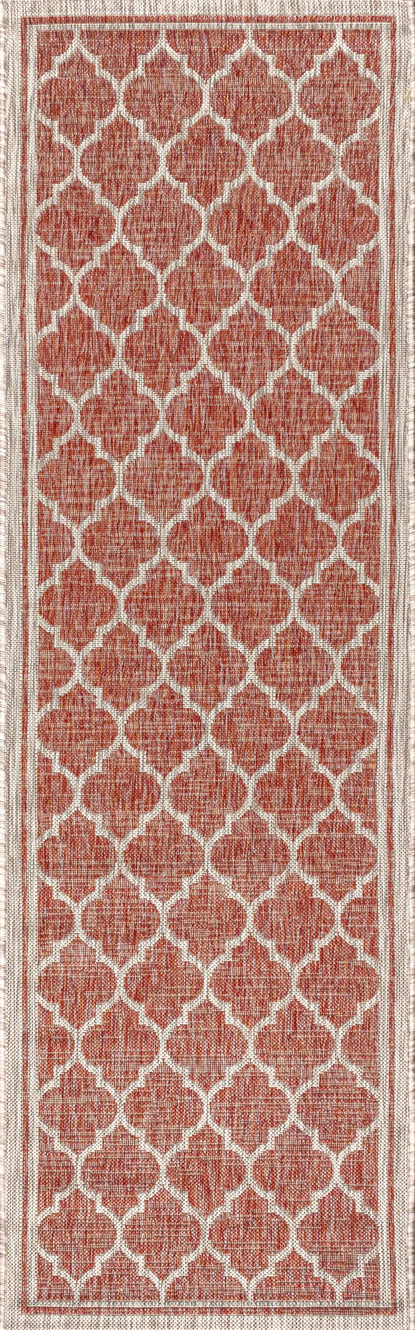 20' Red And Beige Geometric Indoor Outdoor Runner Rug Photo 1