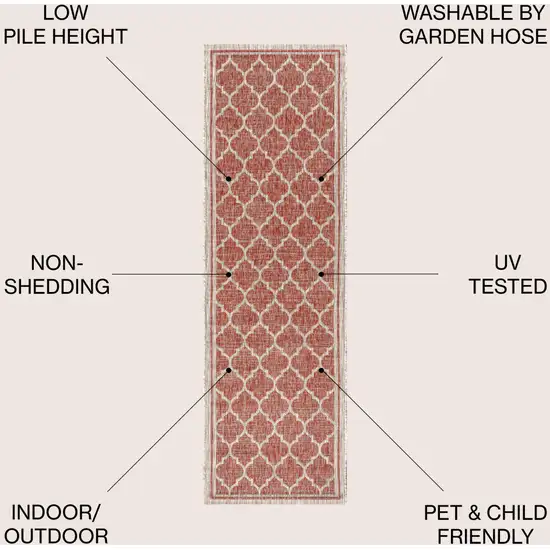 8' Red And Beige Geometric Indoor Outdoor Runner Rug Photo 8