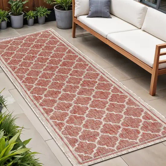 8' Red And Beige Geometric Indoor Outdoor Runner Rug Photo 1