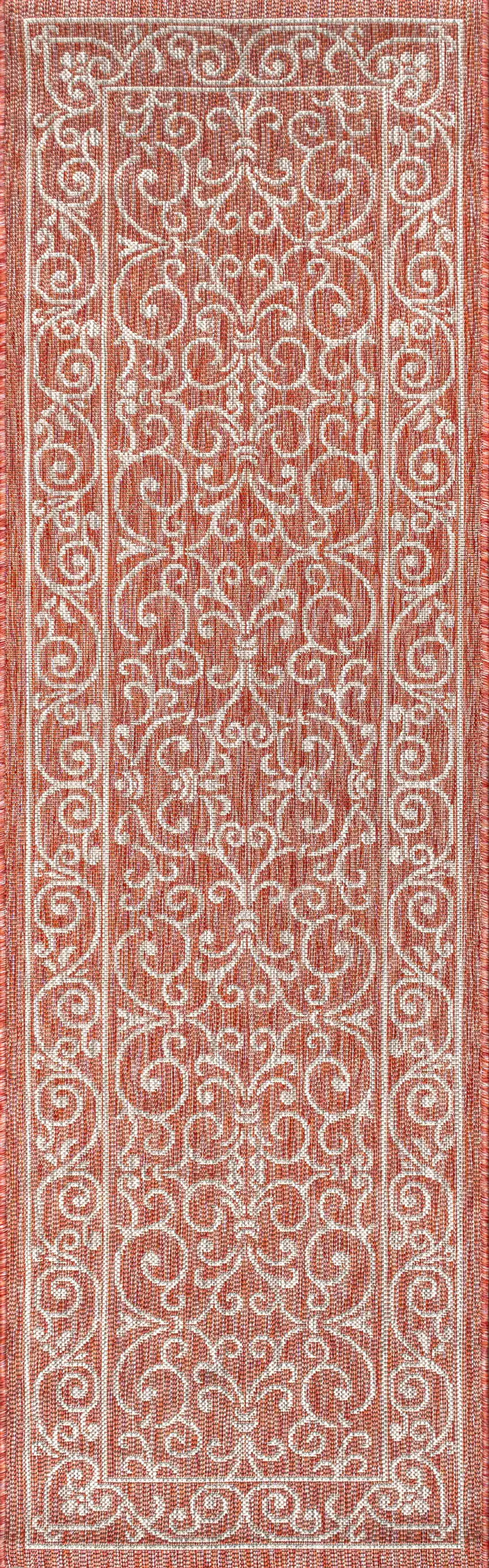 8' Red And Beige Medallion Indoor Outdoor Runner Rug Photo 1