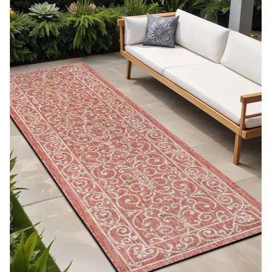 8' Red And Beige Medallion Indoor Outdoor Runner Rug Photo 1