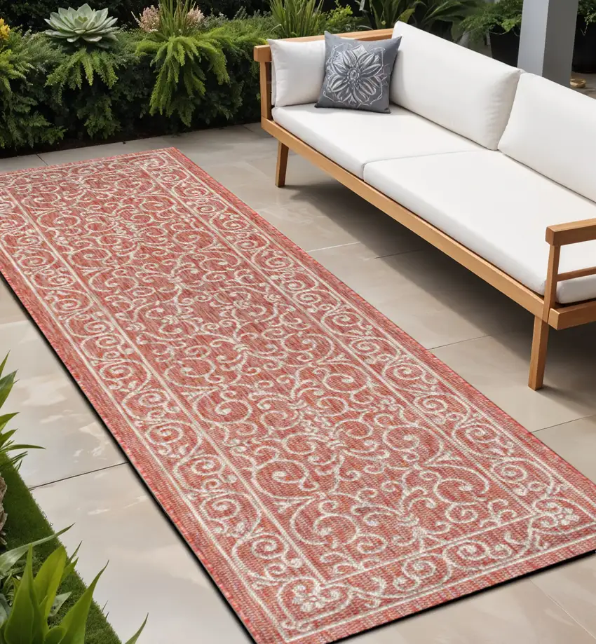 8' Red And Beige Medallion Indoor Outdoor Runner Rug Photo 1