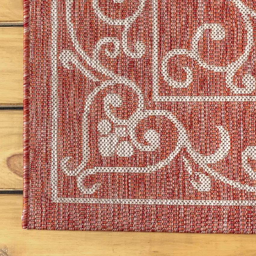 8' Red And Beige Medallion Indoor Outdoor Runner Rug Photo 9
