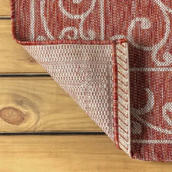 8' Red And Beige Medallion Indoor Outdoor Runner Rug Photo 9