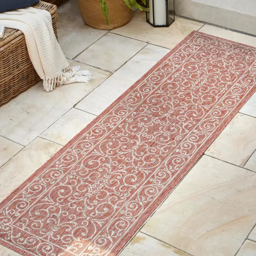 8' Red And Beige Medallion Indoor Outdoor Runner Rug Photo 4