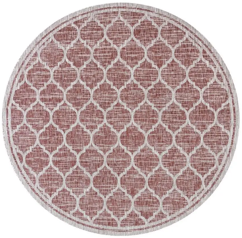 8' Red And Beige Round Geometric Indoor Outdoor Area Rug Photo 3