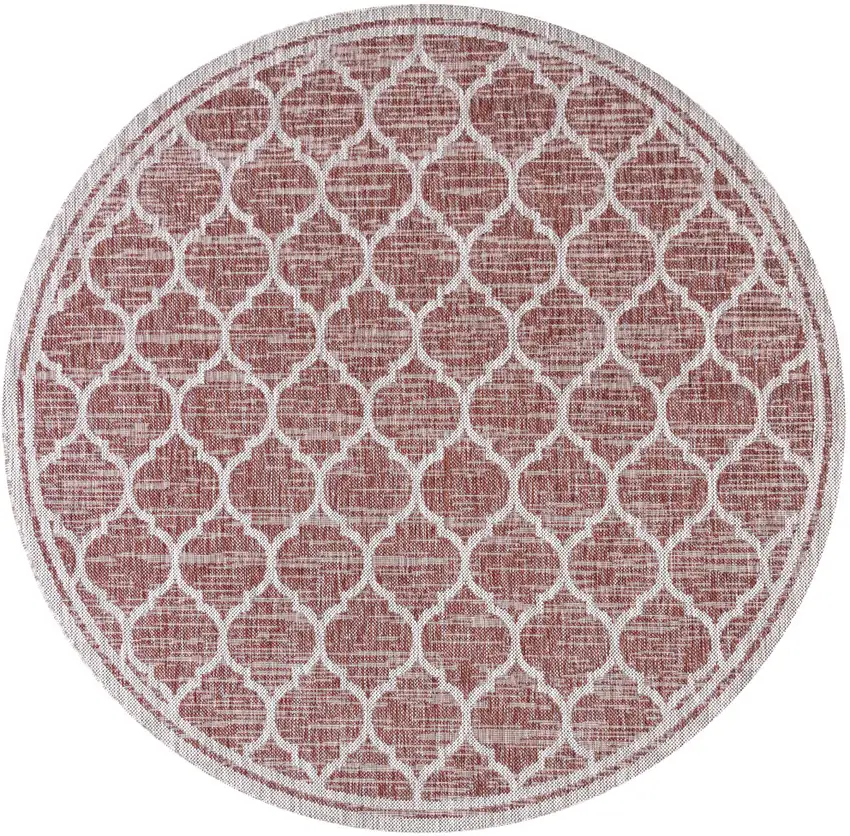 8' Red And Beige Round Geometric Indoor Outdoor Area Rug Photo 1