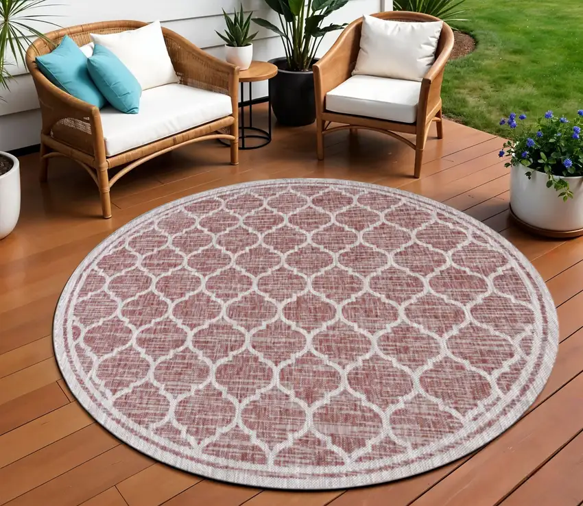 9' Red And Beige Round Geometric Indoor Outdoor Area Rug Photo 1